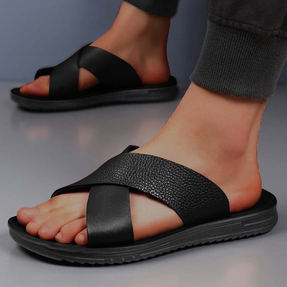 Open Toe Slide Sandals For Men Summer Beach Slippers Casual Trendy Outdoor Walking Pool Vacation Weekend Leisure Comfort Shoes Travel Resort Ready Black 7.5