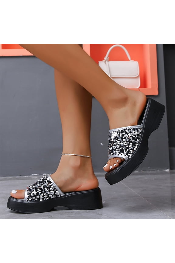 Open Toe Slip On Mule Sandals, Women's Sequin Platform Slippers Glitter Sparkly Slide Sandals Comfortable Pu Leather Chunky Open Toe Beach Summer Outdoor Shoes, Silver 7.5