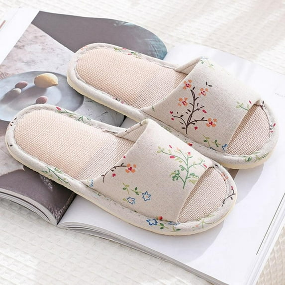 Open Toe Slippers Indoor Soft Floral Printed Memory Foam Linen Washable for Men and Women