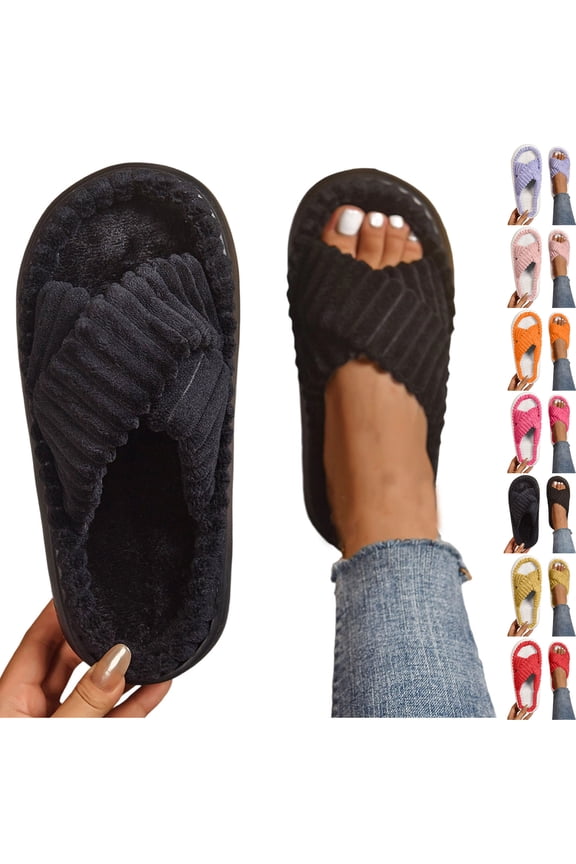 Open Toe Slippers for Women Fashion Casual Winter Furry Strap Home Flat Slippers House Bedroom Crossbands Slide Slipper Shoes Comfortable Trendy Slippers Women's Slipper Cute Soft Shoes