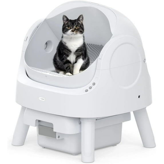 Self Cleaning Litter Box, Automatic Open Top Cat Litter Box, Integrated Safety Protection with Mat & Liner, White