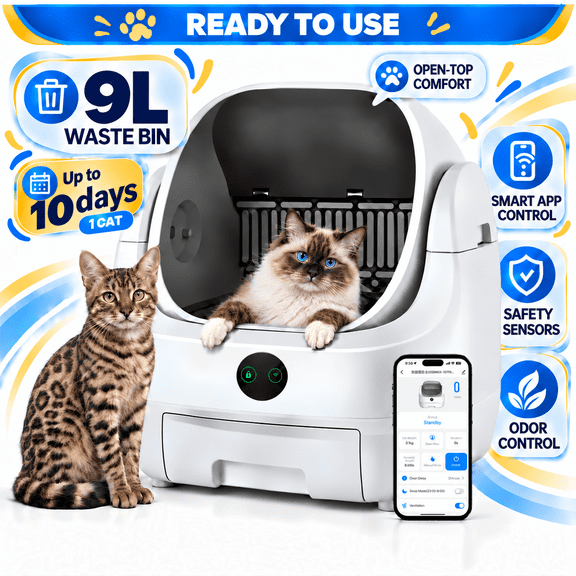 Open-Top Automatic Litter Box, Self-Cleaning Cat Litter Box with App Control, Safety Sensors, 9L Waste Bin, for Multiple Cats