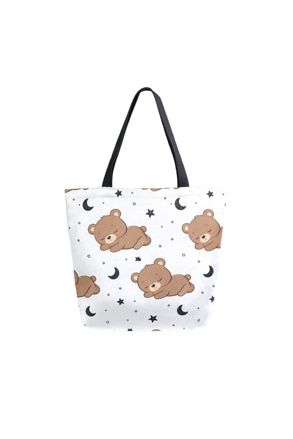 Open Top Canvas Shoulder Handbag with Interior Zipper Pocket Large-Capacity Tote Bag Brown Little Bear Pattern