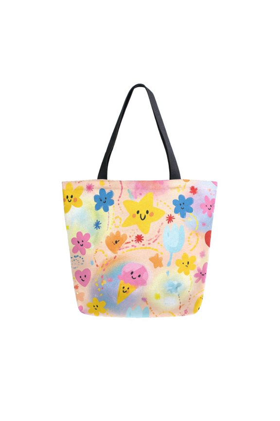 Open Top Canvas Shoulder Handbag with Interior Zipper Pocket Large-Capacity Tote Bag Gradient Smiley Face