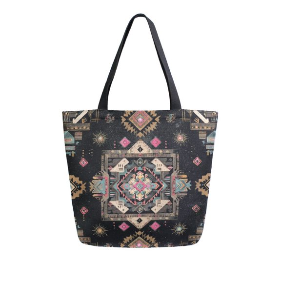 Open Top Canvas Tote Bag with Zipper Reusable Shopping Bag 13.5x15" Roomy Carryall Abstract Shapes Pattern