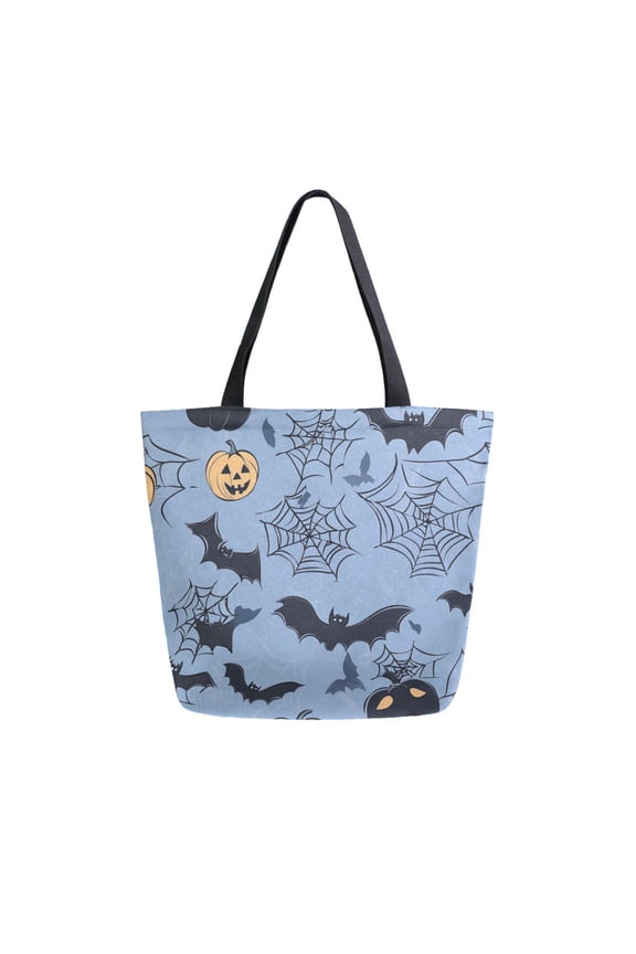 Open Top Canvas Tote Bag with Zipper Reusable Shopping Bag 13.5x15" Roomy Carryall Bats and Spider Web Pattern