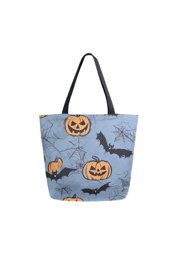 Open Top Canvas Tote Bag with Zipper Reusable Shopping Bag 13.5x15" Roomy Carryall Bats and Spider Web