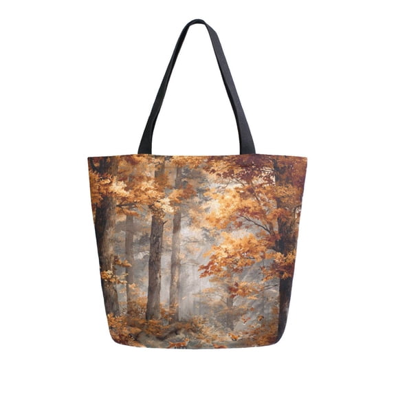 Open Top Canvas Tote Bag with Zipper Reusable Shopping Bag 13.5x15" Roomy Carryall Beautiful Autumn Forest