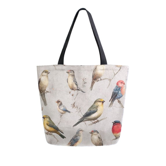 Open Top Canvas Tote Bag with Zipper Reusable Shopping Bag 13.5x15" Roomy Carryall Birds Pattern