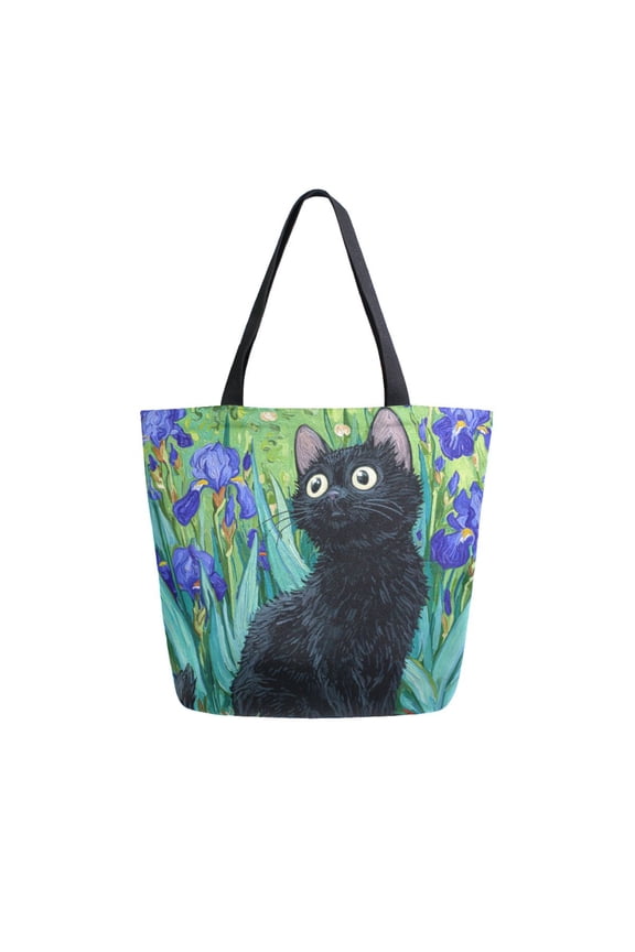 Open Top Canvas Tote Bag with Zipper Reusable Shopping Bag 13.5x15" Roomy Carryall Black Cat and Irises