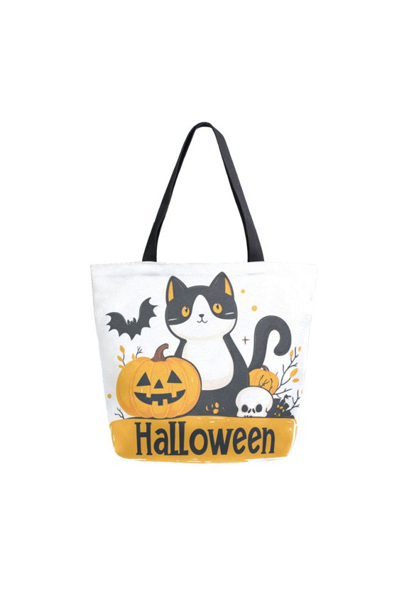 Open Top Canvas Tote Bag with Zipper Reusable Shopping Bag 13.5x15" Roomy Carryall Black Cat and Pumpkin Icons