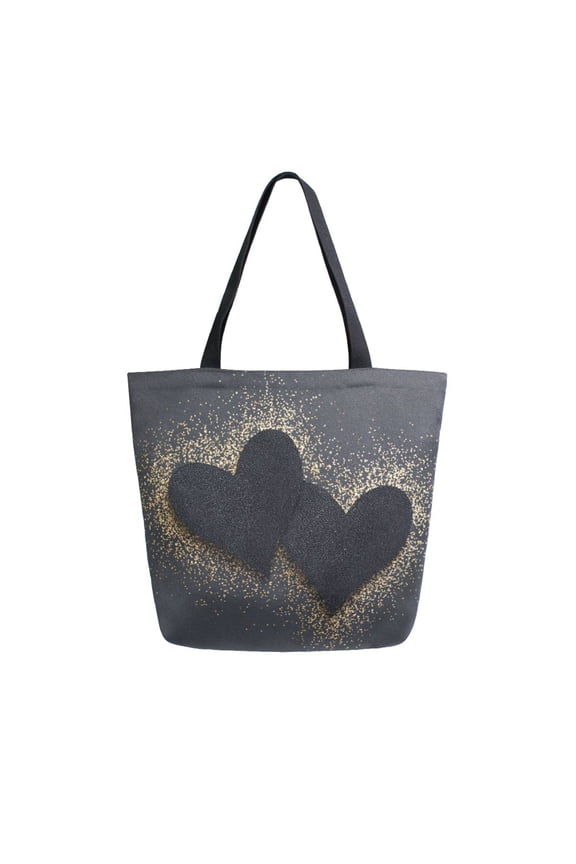 Open Top Canvas Tote Bag with Zipper Reusable Shopping Bag 13.5x15" Roomy Carryall Black Hearts with Gold Glitter