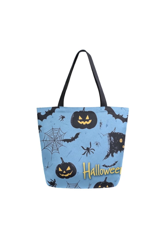 Open Top Canvas Tote Bag with Zipper Reusable Shopping Bag 13.5x15" Roomy Carryall Black Pumpkins and Spider Webs