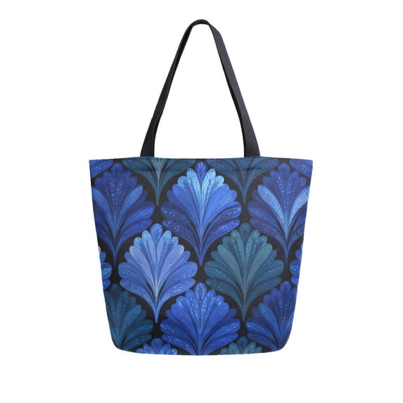 Open Top Canvas Tote Bag with Zipper Reusable Shopping Bag 13.5x15" Roomy Carryall Blue Batik Leaves Pattern