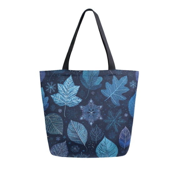 Open Top Canvas Tote Bag with Zipper Reusable Shopping Bag 13.5x15" Roomy Carryall Blue Leaves and Snowflakes