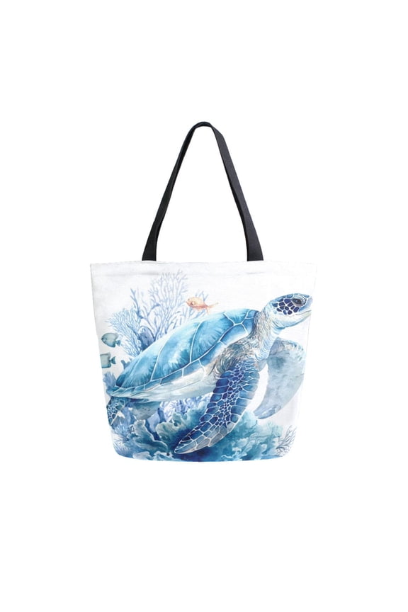 Open Top Canvas Tote Bag with Zipper Reusable Shopping Bag 13.5x15" Roomy Carryall Blue Sea Turtle Pattern