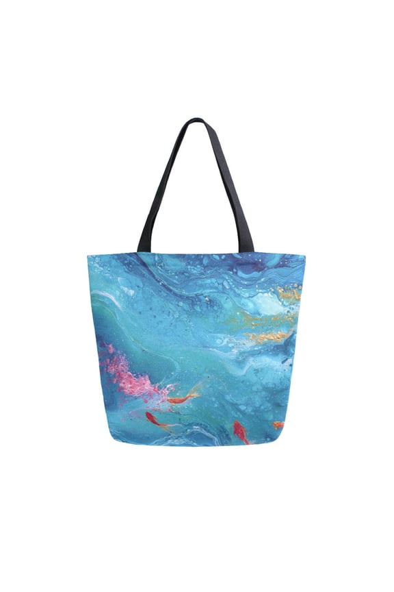 Open Top Canvas Tote Bag with Zipper Reusable Shopping Bag 13.5x15" Roomy Carryall Blue Vortex