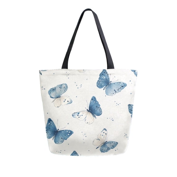 Open Top Canvas Tote Bag with Zipper Reusable Shopping Bag 13.5x15" Roomy Carryall Blue Watercolor Butterflies