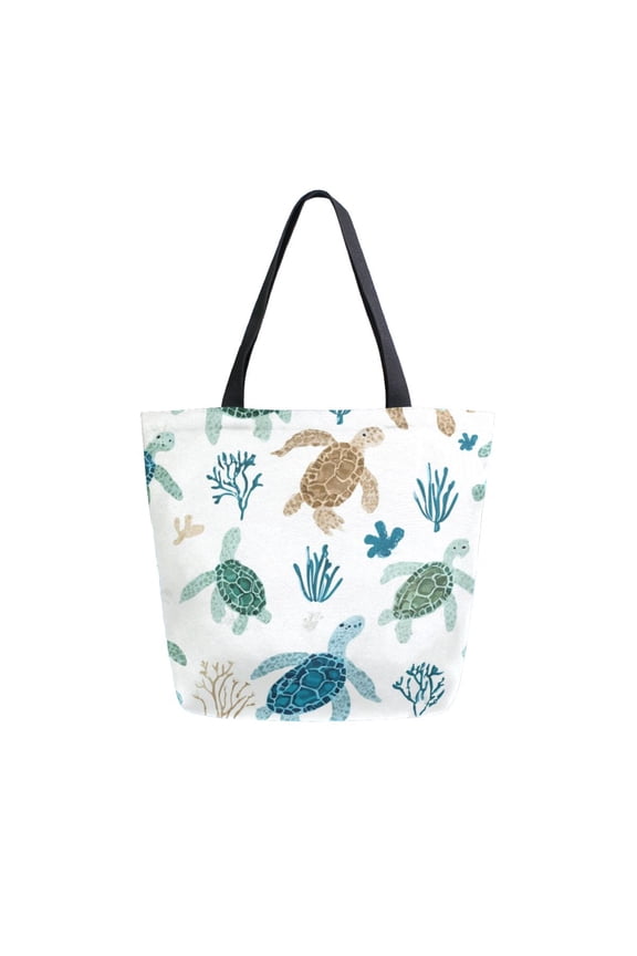 Open Top Canvas Tote Bag with Zipper Reusable Shopping Bag 13.5x15" Roomy Carryall Blue and Green Turtles