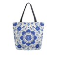 thumbnail image 1 of Open Top Canvas Tote Bag with Zipper Reusable Shopping Bag 13.5x15" Roomy Carryall Blue and White Batik Pattern, 1 of 9