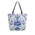 thumbnail image 1 of Open Top Canvas Tote Bag with Zipper Reusable Shopping Bag 13.5x15" Roomy Carryall Blue and White Porcelain-style, 1 of 9
