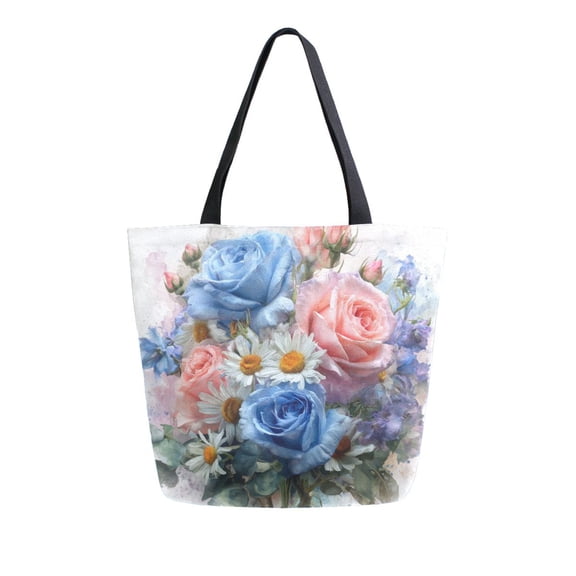 Open Top Canvas Tote Bag with Zipper Reusable Shopping Bag 13.5x15" Roomy Carryall Blue-pink Roses and Daisies