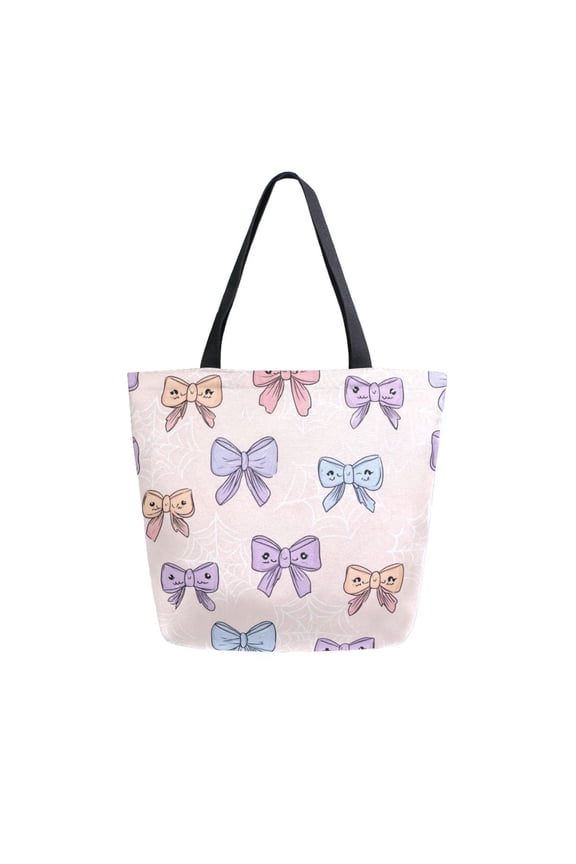 Open Top Canvas Tote Bag with Zipper Reusable Shopping Bag 13.5x15" Roomy Carryall Bows and Spider Webs