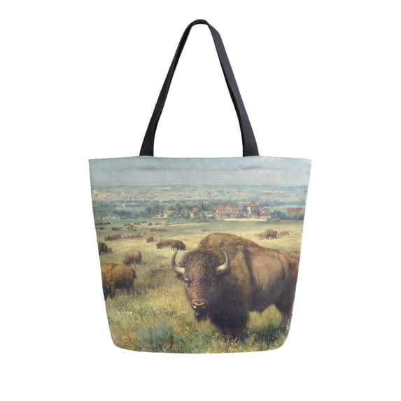 Open Top Canvas Tote Bag with Zipper Reusable Shopping Bag 13.5x15" Roomy Carryall Buffalo Herd Oil Painting