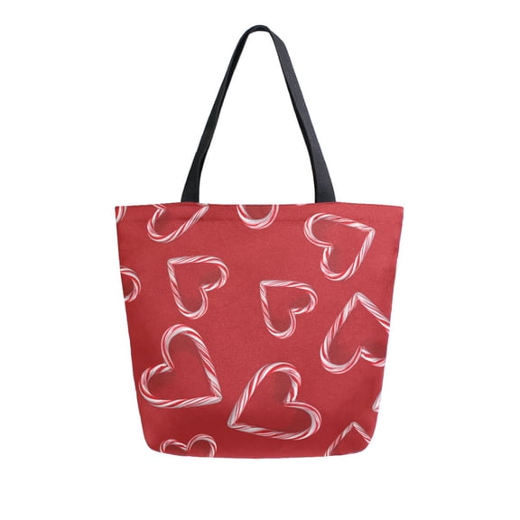 Open Top Canvas Tote Bag with Zipper Reusable Shopping Bag 13.5x15" Roomy Carryall Candy Cane-shaped Hearts Pattern