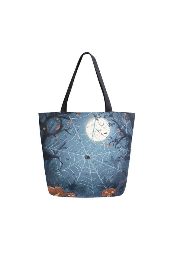 Open Top Canvas Tote Bag with Zipper Reusable Shopping Bag 13.5x15" Roomy Carryall Cartoon Style Spider Web