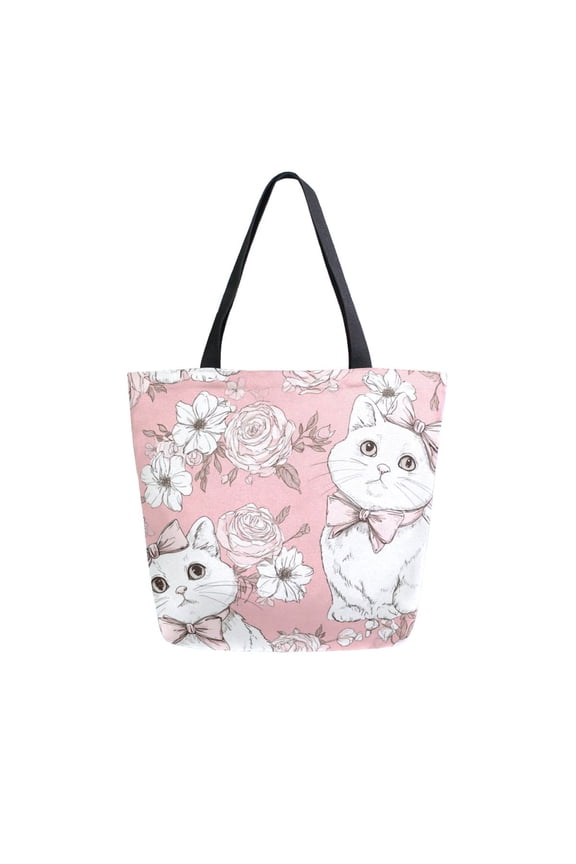 Open Top Canvas Tote Bag with Zipper Reusable Shopping Bag 13.5x15" Roomy Carryall Cat with A Bow Tie