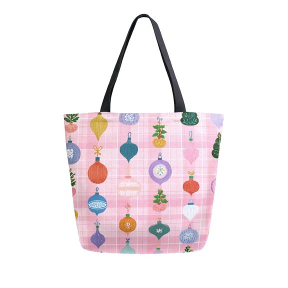 Open Top Canvas Tote Bag with Zipper Reusable Shopping Bag 13.5x15" Roomy Carryall Christmas Ornaments Pattern