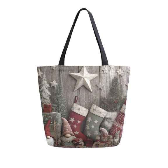 Open Top Canvas Tote Bag with Zipper Reusable Shopping Bag 13.5x15" Roomy Carryall Christmas Stocking Patterns