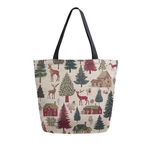 Open Top Canvas Tote Bag with Zipper Reusable Shopping Bag 13.5x15" Roomy Carryall Christmas Trees Deer and Houses