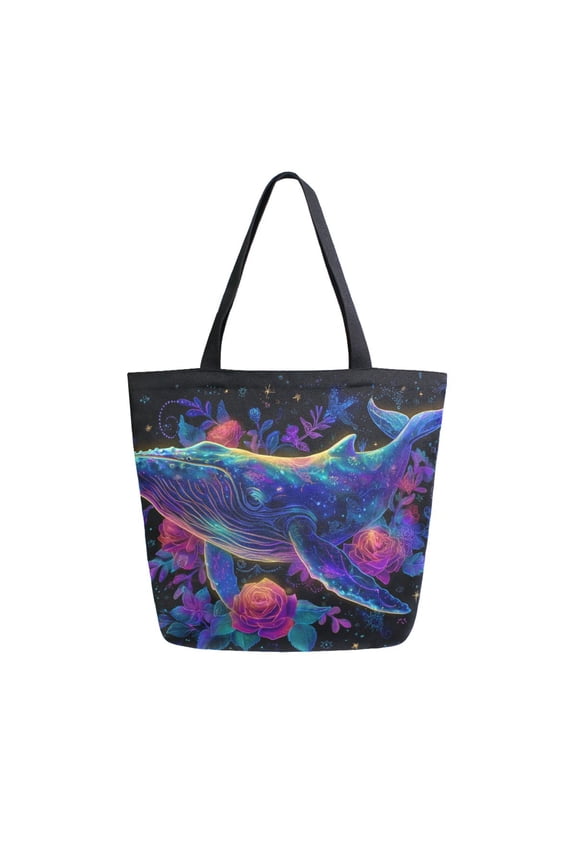 Open Top Canvas Tote Bag with Zipper Reusable Shopping Bag 13.5x15" Roomy Carryall Colorful Whale