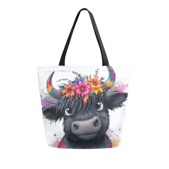 Open Top Canvas Tote Bag with Zipper Reusable Shopping Bag 13.5x15" Roomy Carryall Cute Black Cow