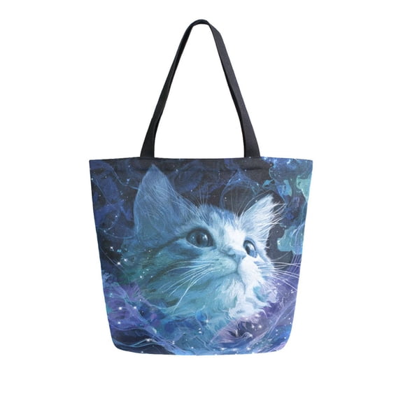 Open Top Canvas Tote Bag with Zipper Reusable Shopping Bag 13.5x15" Roomy Carryall Cute Blue and White Cat