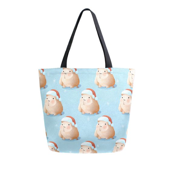 Open Top Canvas Tote Bag with Zipper Reusable Shopping Bag 13.5x15" Roomy Carryall Cute Capybara with Santa Hat