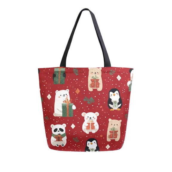 Open Top Canvas Tote Bag with Zipper Reusable Shopping Bag 13.5x15" Roomy Carryall Cute Christmas Animals