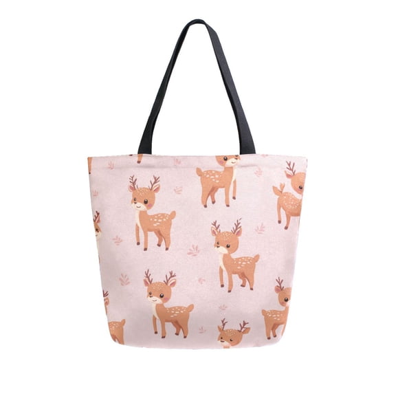 Open Top Canvas Tote Bag with Zipper Reusable Shopping Bag 13.5x15" Roomy Carryall Cute Deer Pattern