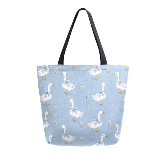 Open Top Canvas Tote Bag with Zipper Reusable Shopping Bag 13.5x15" Roomy Carryall Cute Geese and Daisies