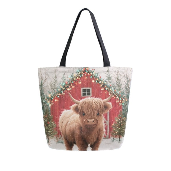 Open Top Canvas Tote Bag with Zipper Reusable Shopping Bag 13.5x15" Roomy Carryall Cute Highland Cow Pattern
