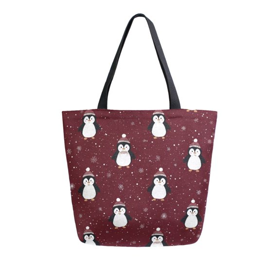 Open Top Canvas Tote Bag with Zipper Reusable Shopping Bag 13.5x15" Roomy Carryall Cute Penguin Pattern