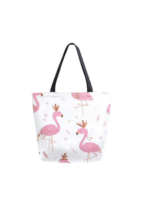 Open Top Canvas Tote Bag with Zipper Reusable Shopping Bag 13.5x15" Roomy Carryall Cute Pink Flamingo Pattern