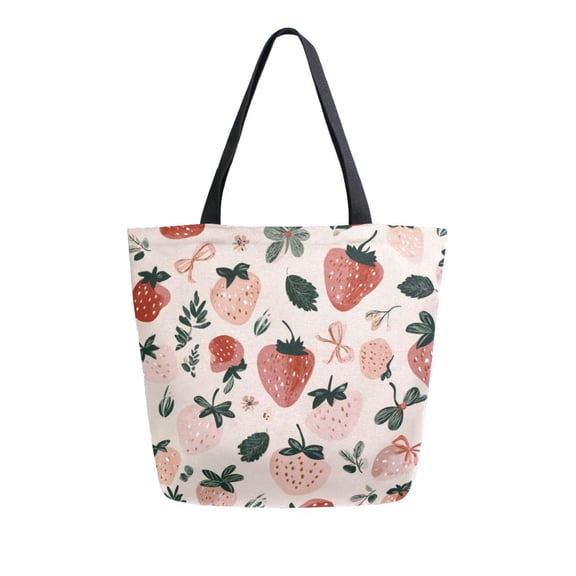 Open Top Canvas Tote Bag with Zipper Reusable Shopping Bag 13.5x15" Roomy Carryall Cute Pinks Strawberries