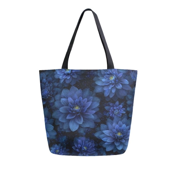 Open Top Canvas Tote Bag with Zipper Reusable Shopping Bag 13.5x15" Roomy Carryall Deep Blue Flower