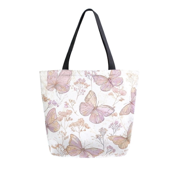 Open Top Canvas Tote Bag with Zipper Reusable Shopping Bag 13.5x15" Roomy Carryall Delicate Butterflies and Flowers