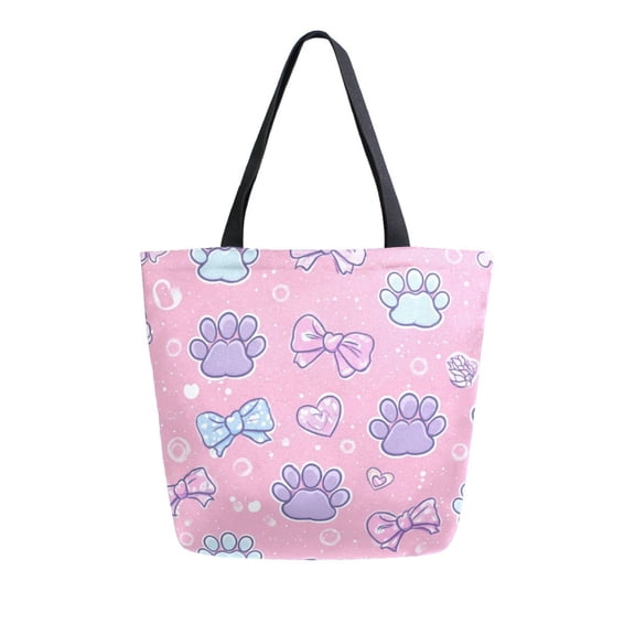Open Top Canvas Tote Bag with Zipper Reusable Shopping Bag 13.5x15" Roomy Carryall Dog Paw Prints and Bows