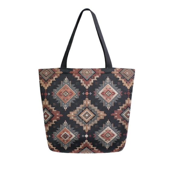 Open Top Canvas Tote Bag with Zipper Reusable Shopping Bag 13.5x15" Roomy Carryall Earthy Tones Rhombus Shape