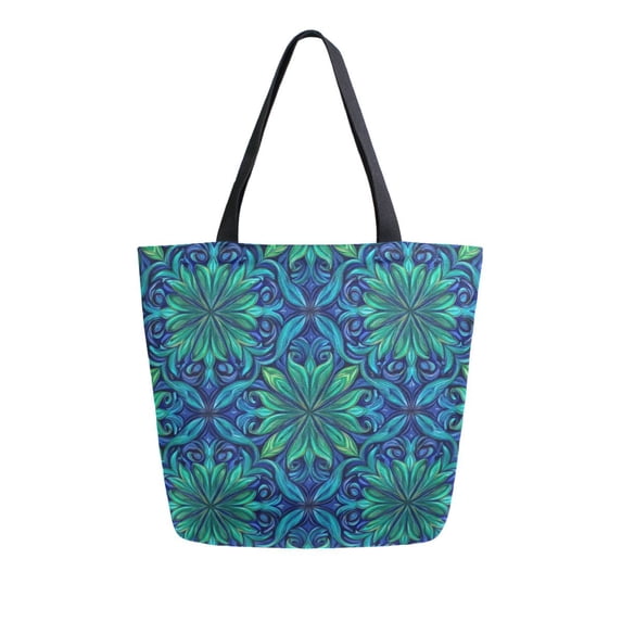 Open Top Canvas Tote Bag with Zipper Reusable Shopping Bag 13.5x15" Roomy Carryall Elegant Blue Traditional Patterns